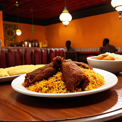 A warmly lit Somali restaurant interior. Focus on a table laden with traditional dishes: *baris* (rice with meat), *hilaab* (stewed meat), and *sambuusa* (fried pastries). In the background, a server pours *shaah* (spiced tea) into small glass cups. Emphasize the aroma and vibrant colors of the food.
