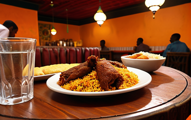 A warmly lit Somali restaurant interior. Focus on a table laden with traditional dishes: *baris* (rice with meat), *hilaab* (stewed meat), and *sambuusa* (fried pastries). In the background, a server pours *shaah* (spiced tea) into small glass cups. Emphasize the aroma and vibrant colors of the food.